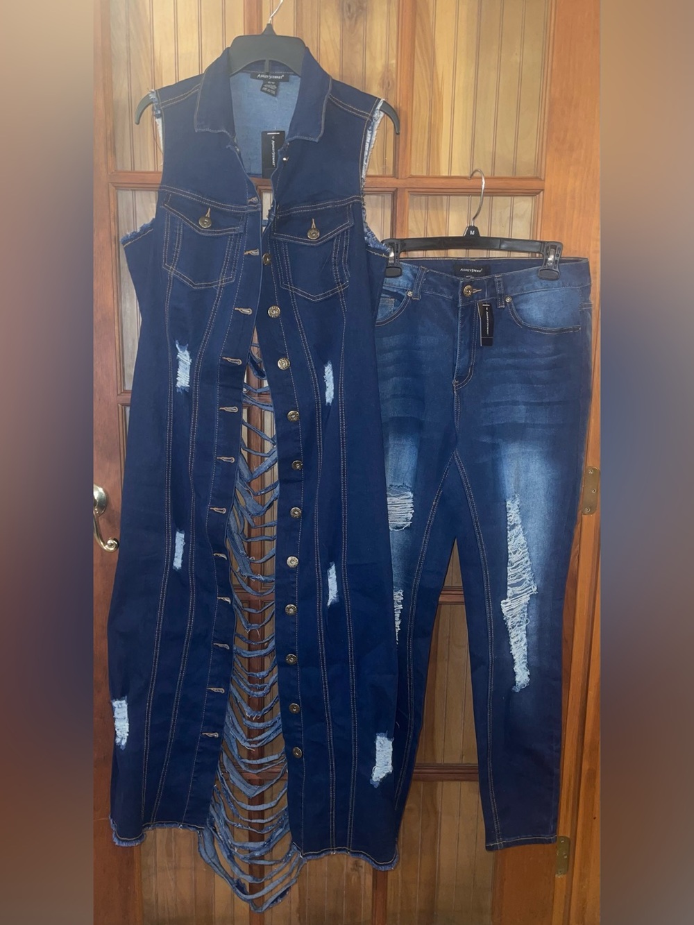 Ashley Stewart Dark Blue Distressed Denim Vest & Jeans Set